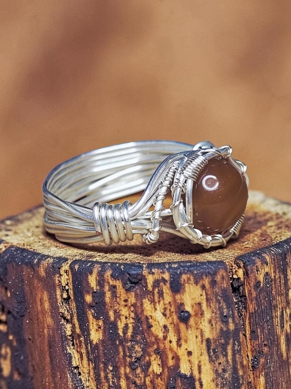 Handmade Silver Wire Wrapped Brown Agate Ring